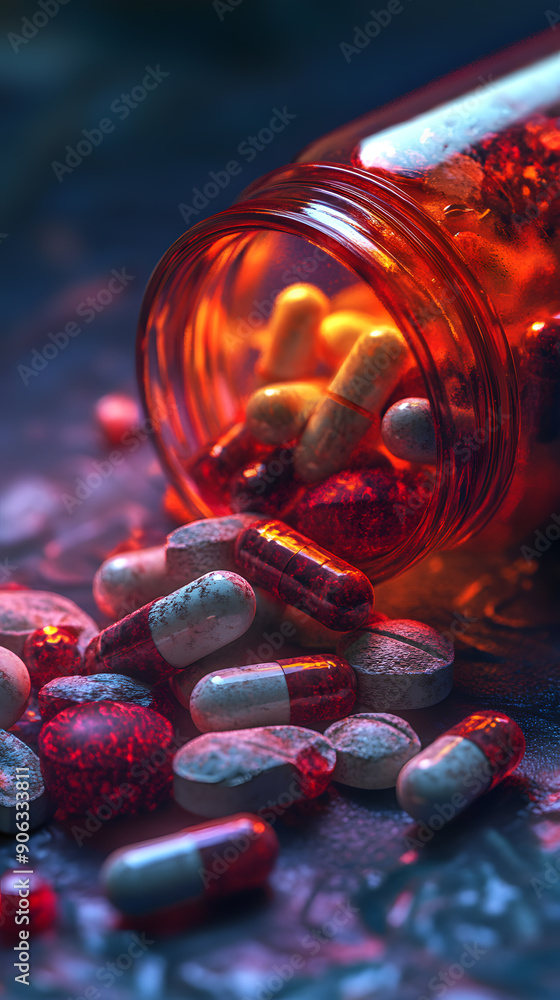 © Oksana_Latysheva - Jar with colorful pills overturned with pills spilling out, dynamic and engaging