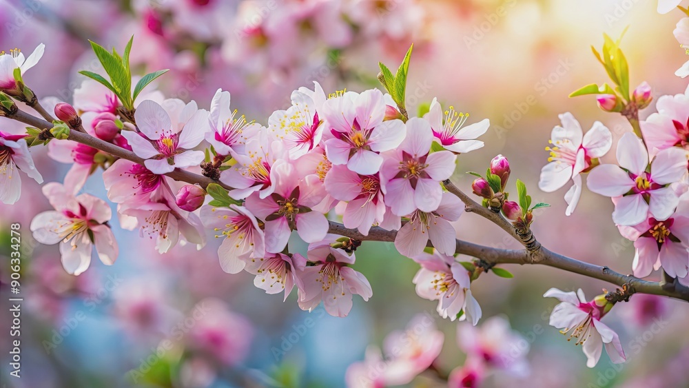 Flowering pink almond blossoms on tree branch, spring, nature, blooming, vibrant, delicate, petals, pink, beautiful, almond tree Flowering pink almond blossoms on tree branch, spring, nature, blooming, vibrant, delicate, petals, pink, beautiful, almond tree