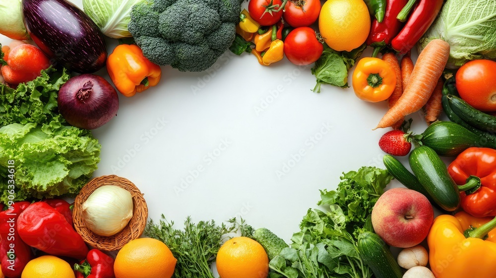 Variety of fresh vegetables and fruits with ample blank space, ideal for promoting healthy eating and grocery shopping. Variety of fresh vegetables and fruits with ample blank space, ideal for promoting healthy eating and grocery shopping.