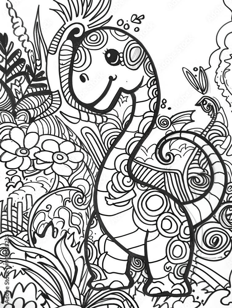 coloring book page, simple dinosaur doodle coloring book page, simple dinosaur doodle