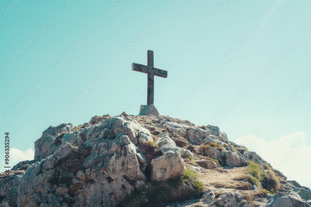 Rocky hill with Christian cross Rocky hill with Christian cross