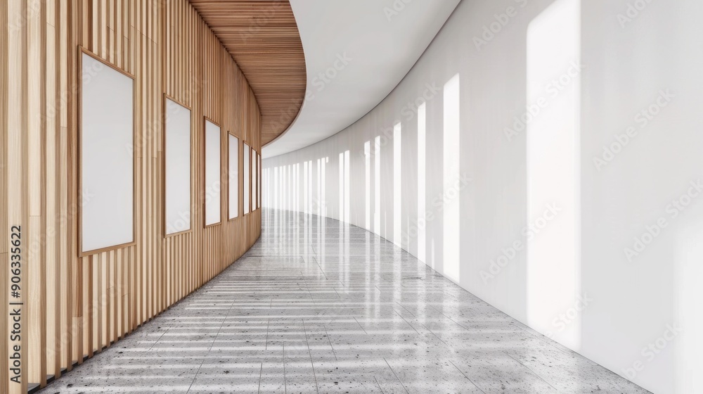 Modern Curved Corridor with Wooden Wall and Sunlight Modern Curved Corridor with Wooden Wall and Sunlight