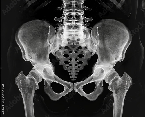 High-resolution X-ray image of a human pelvis and hip bones. Concept of medical imaging, skeletal anatomy, diagnostic tool, healthcare illustration photo