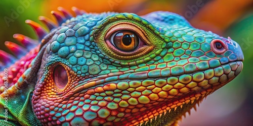 Close-up image of a colorful reptile with vibrant scales and texture, reptile, close-up, colorful, vibrant, scales