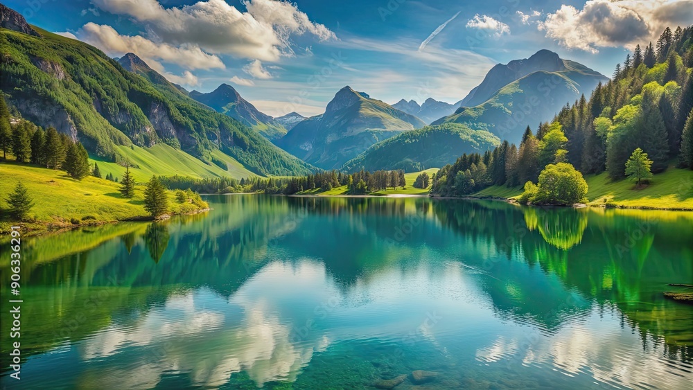 Breathtaking landscape of a serene lake surrounded by lush green mountains , Serene, tranquil, calm, peaceful, scenic Breathtaking landscape of a serene lake surrounded by lush green mountains , Serene, tranquil, calm, peaceful, scenic
