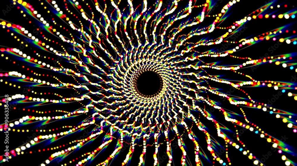 Bright energy tunnel made of waves of colorful lines and dots with bright shine and glow effects. Psychedelic wormhole structure with vibrant colors and wavy patterns on a black background. 4K 60 fps