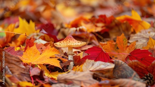 Enchanting Mushroom Growth Among Autumn Leaves - Natural Fungi Beauty in Fall Scene