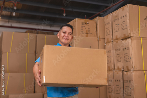 A dependable and reliable warehouse worker carrying a large box with ease.