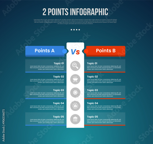 2 or two point template comparison versus things in infographic with table point no boundaries with big vertical box with modern dark style for slide presentation