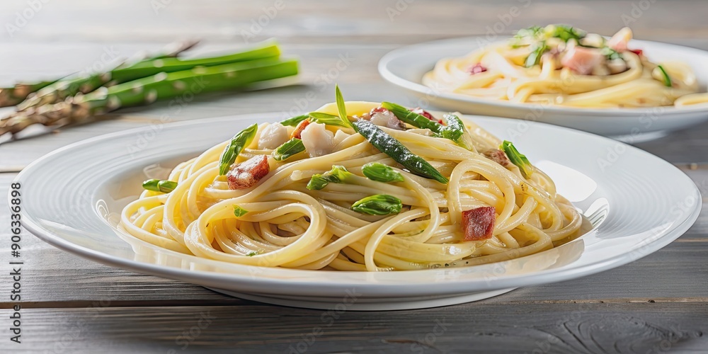 Spaghetti to asparagus Carbonara on a white plate, Italian, dish, food, pasta, asparagus, cheese, creamy, delicious, cuisine Spaghetti to asparagus Carbonara on a white plate, Italian, dish, food, pasta, asparagus, cheese, creamy, delicious, cuisine