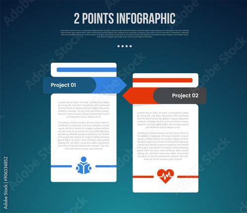 2 or two point template comparison versus things in infographic with table box container with arrow opposite direction with modern dark style for slide presentation
