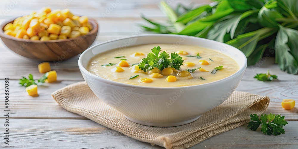 Creamy corn soup in a white bowl with fresh parsley garnish, food, soup, corn, creamy, delicious, appetizing, tasty Creamy corn soup in a white bowl with fresh parsley garnish, food, soup, corn, creamy, delicious, appetizing, tasty