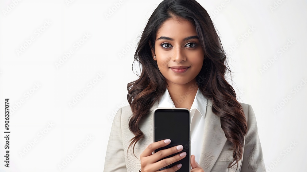 Young beautiful indian businesswoman wearing formal suit showing smart phone with blank display screen to put advertisement isolated over white background Corporate Concept : Generative AI Young beautiful indian businesswoman wearing formal suit showing smart phone with blank display screen to put advertisement isolated over white background Corporate Concept : Generative AI