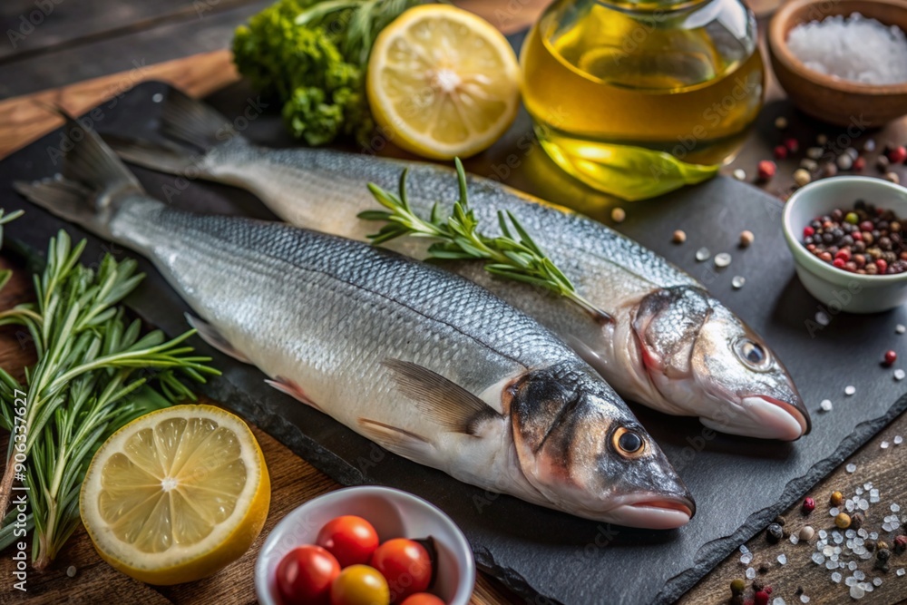 Delicious healthy fish.Raw sea bass with lemon and ingredients on a dark background. Banner, menu, place for recipe text, top view. Delicious healthy fish.Raw sea bass with lemon and ingredients on a dark background. Banner, menu, place for recipe text, top view.
