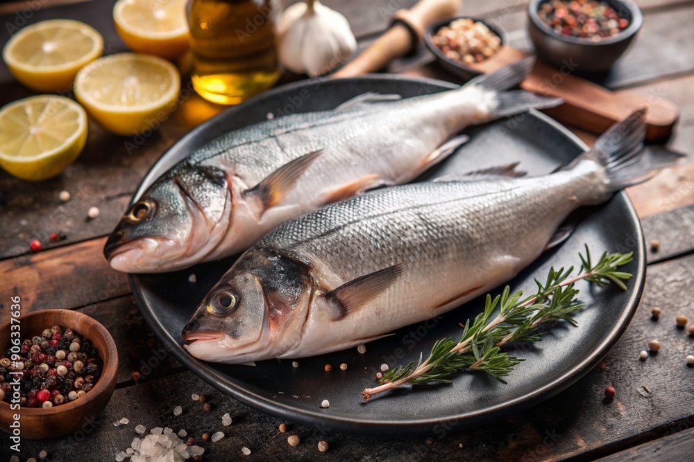 Delicious healthy fish.Raw sea bass with lemon and ingredients on a dark background. Banner, menu, place for recipe text, top view. Delicious healthy fish.Raw sea bass with lemon and ingredients on a dark background. Banner, menu, place for recipe text, top view.