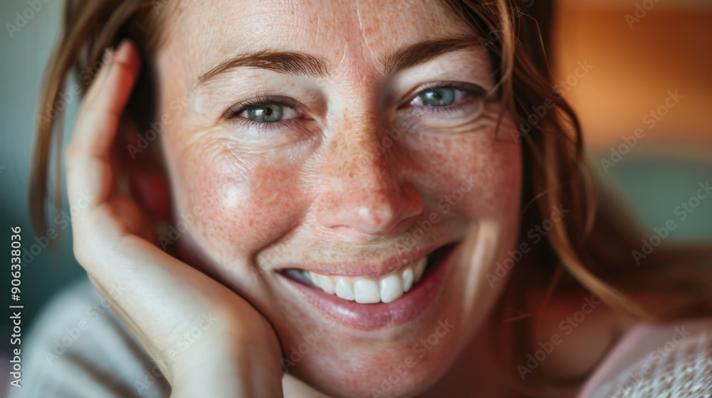 Close-up portrait of a woman with a warm smile, her hand resting against her face, capturing a moment of contentment and joy. Close-up portrait of a woman with a warm smile, her hand resting against her face, capturing a moment of contentment and joy.