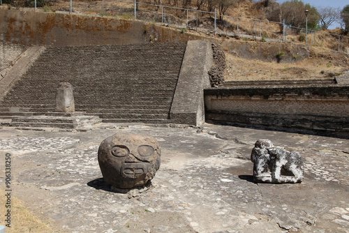 Ancient Carved Stone Head at Great Pyramid of Cholula, Puebla State, Mexico