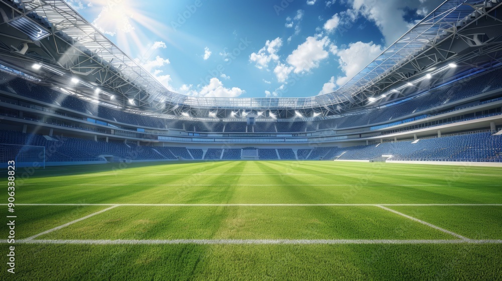 Panoramic view of a vibrant football stadium under bright stadium lights with a lush green field, full spectator stands, and clear evening sky, ideal for sports events, athletic competitions, and socc Panoramic view of a vibrant football stadium under bright stadium lights with a lush green field, full spectator stands, and clear evening sky, ideal for sports events, athletic competitions, and socc