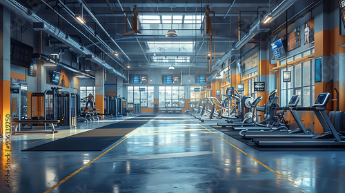 Depict modern gym where people are using wearable fitness trackers to monitor their health metrics during their workouts promoting fitness and health