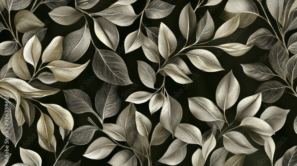 A refined nature leaves pattern with silver and black leaves intricately arranged on a deep olive green background, creating a luxurious and elegant feel. A refined nature leaves pattern with silver and black leaves intricately arranged on a deep olive green background, creating a luxurious and elegant feel.