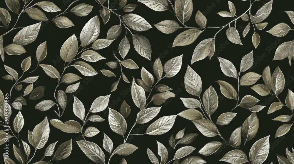 A refined nature leaves pattern with silver and black leaves intricately arranged on a deep olive green background, creating a luxurious and elegant feel. A refined nature leaves pattern with silver and black leaves intricately arranged on a deep olive green background, creating a luxurious and elegant feel.