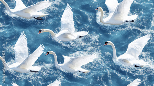 A pattern of elegant swans with white feathers, gliding gracefully on a blue water backdrop, creating a serene and beautiful atmosphere. photo