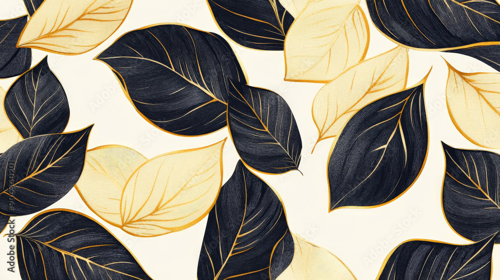 Luxurious pattern design with gold and black leaves set against a creamy white background, creating a sleek and sophisticated look. Luxurious pattern design with gold and black leaves set against a creamy white background, creating a sleek and sophisticated look.