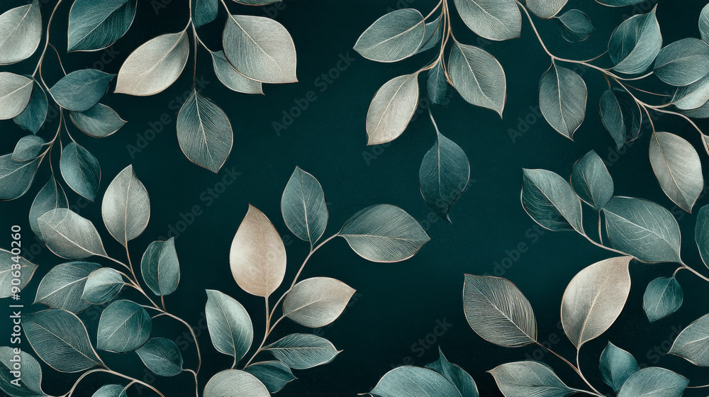 Elegant pattern design featuring delicate platinum leaves on a deep forest green background, creating a sophisticated and luxurious feel. Elegant pattern design featuring delicate platinum leaves on a deep forest green background, creating a sophisticated and luxurious feel.
