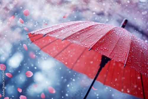 3d render of red umbrella with water drops on it flying in the air, cherry blossom petals around,