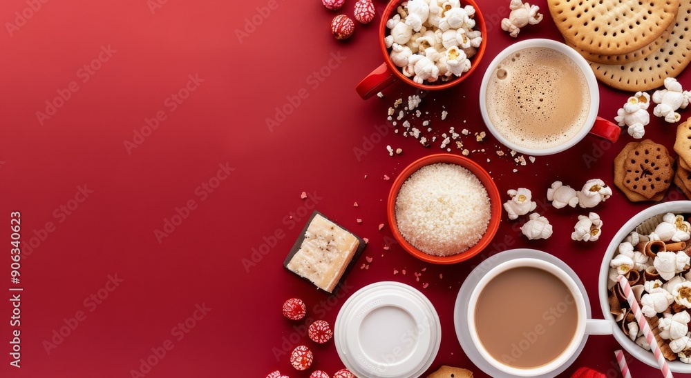 Cozy Hot Beverage and Treats on Red Background With Popcorn and Cookies Cozy Hot Beverage and Treats on Red Background With Popcorn and Cookies
