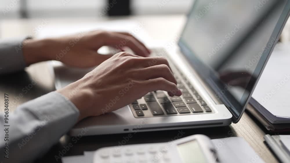 Close up hand typing on laptop surfing an internet