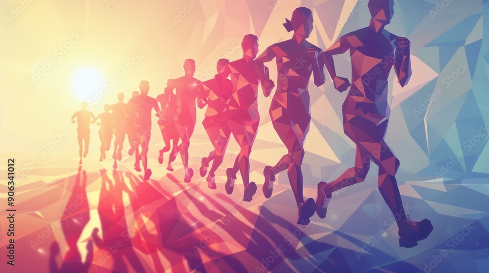 Dynamic group of people running in a low poly vector illustration – abstract geometric design depicting active motion, perfect for sports, fitness, and athletic-themed graphics with energetic crowd in Dynamic group of people running in a low poly vector illustration – abstract geometric design depicting active motion, perfect for sports, fitness, and athletic-themed graphics with energetic crowd in
