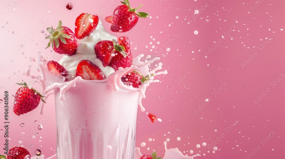 Strawberries and cream milkshake with splash Strawberries and cream milkshake with splash