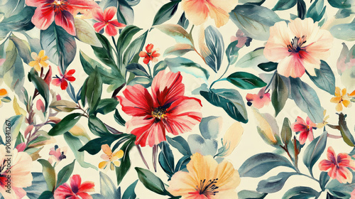 An artistic seamless watercolor floral pattern with a mix of exotic flowers and leaves in bold, vibrant colors, set against a light, neutral background.