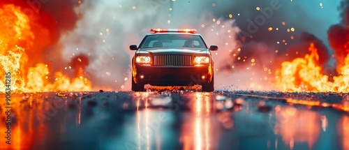 Luxury sedan in the midst of a highheat bang, flames and debris creating a dramatic visual scene 8K , high-resolution, ultra HD,up32K HD photo