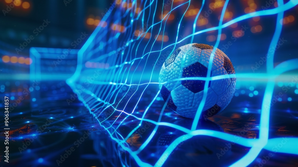 Obraz premium Dynamic 3d render of a soccer ball flying into the goal, bending the net against a blue background with flashes of light, capturing the thrilling moment of scoring in a high-energy soccer match