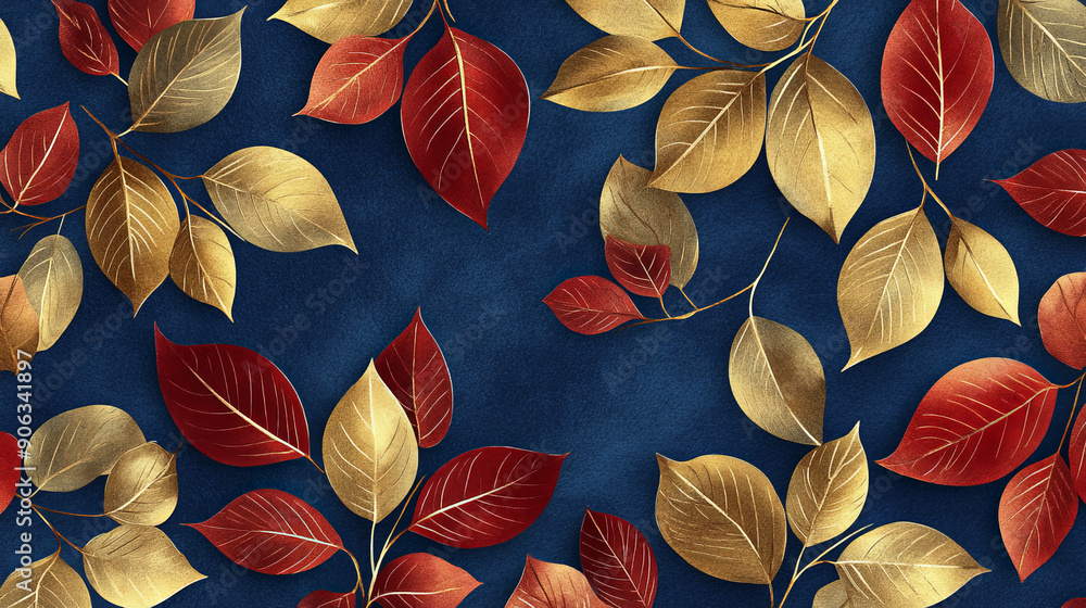 A lavish nature leaves pattern with golden and burgundy leaves intricately arranged on a royal blue background, exuding richness and elegance. A lavish nature leaves pattern with golden and burgundy leaves intricately arranged on a royal blue background, exuding richness and elegance.