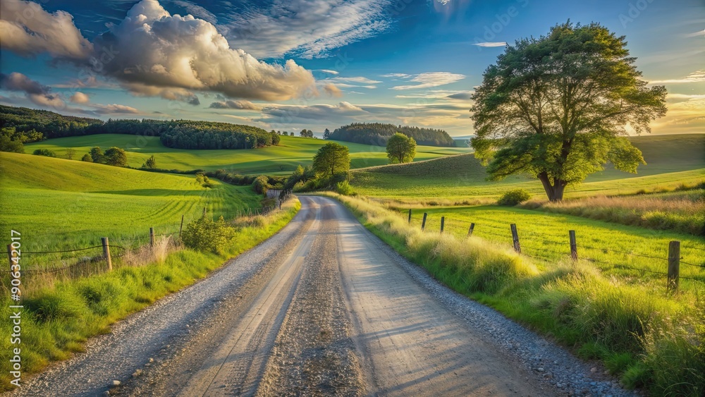 Obraz premium Gravel road winding through picturesque countryside, gravel, road, landscape, countryside, nature, pathway, rural
