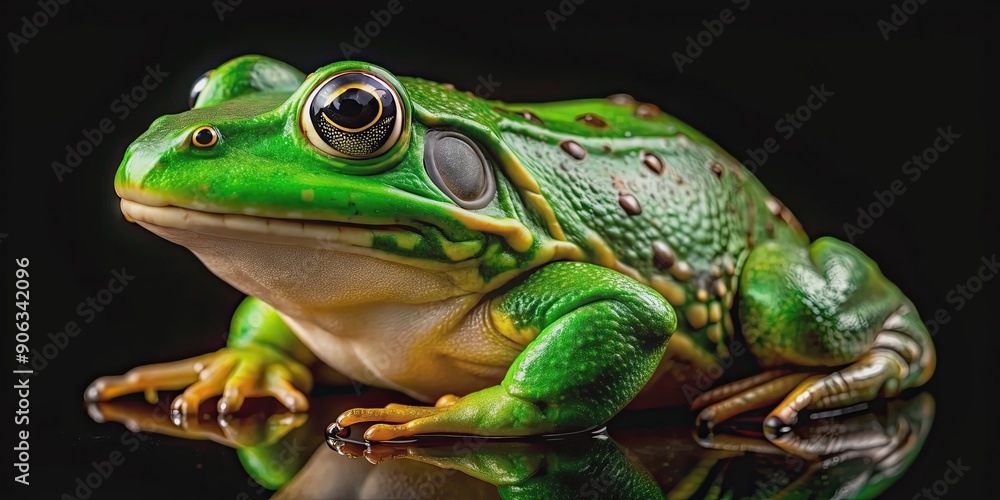 Obraz premium Close-up of a vibrant green African Bullfrog with glossy skin on black background, African bullfrog