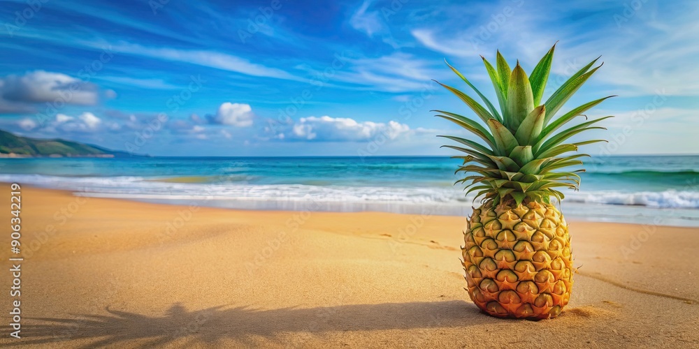 Juicy and golden ripe pineapple on a tropical beach , tropical, fruit, ripe, sweet, delicious, summer, vacation, exotic Juicy and golden ripe pineapple on a tropical beach , tropical, fruit, ripe, sweet, delicious, summer, vacation, exotic