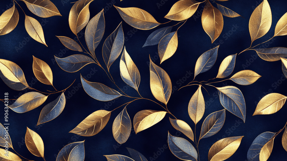 Elegant nature leaves pattern featuring intricate golden leaves on a rich navy background, exuding opulence and luxury. Elegant nature leaves pattern featuring intricate golden leaves on a rich navy background, exuding opulence and luxury.