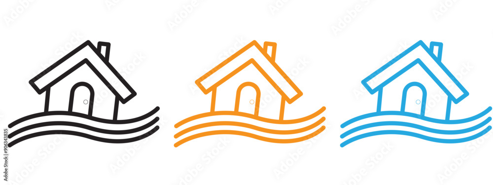 Fototapeta premium Flooded house icon Flat vector set outline