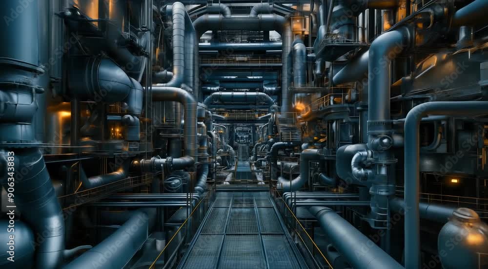 Highly detailed interior of an industrial facility with complex piping and machinery, showcasing a futuristic and high-tech environment. Highly detailed interior of an industrial facility with complex piping and machinery, showcasing a futuristic and high-tech environment.