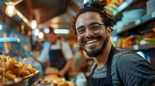 Fast Food Vendor Smiling from Behind the Counter Restaurant employee working serving customers : Generative AI