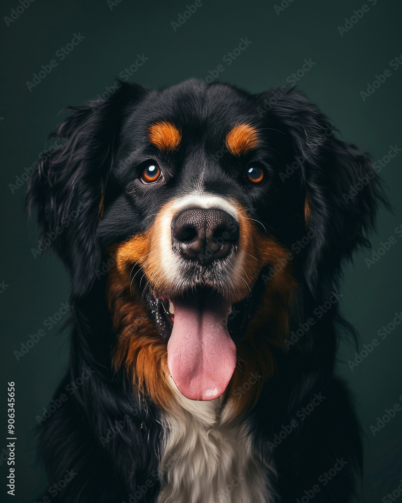 close up of a Bernese Mountain Dog is standing with its tongue out close up of a Bernese Mountain Dog is standing with its tongue out