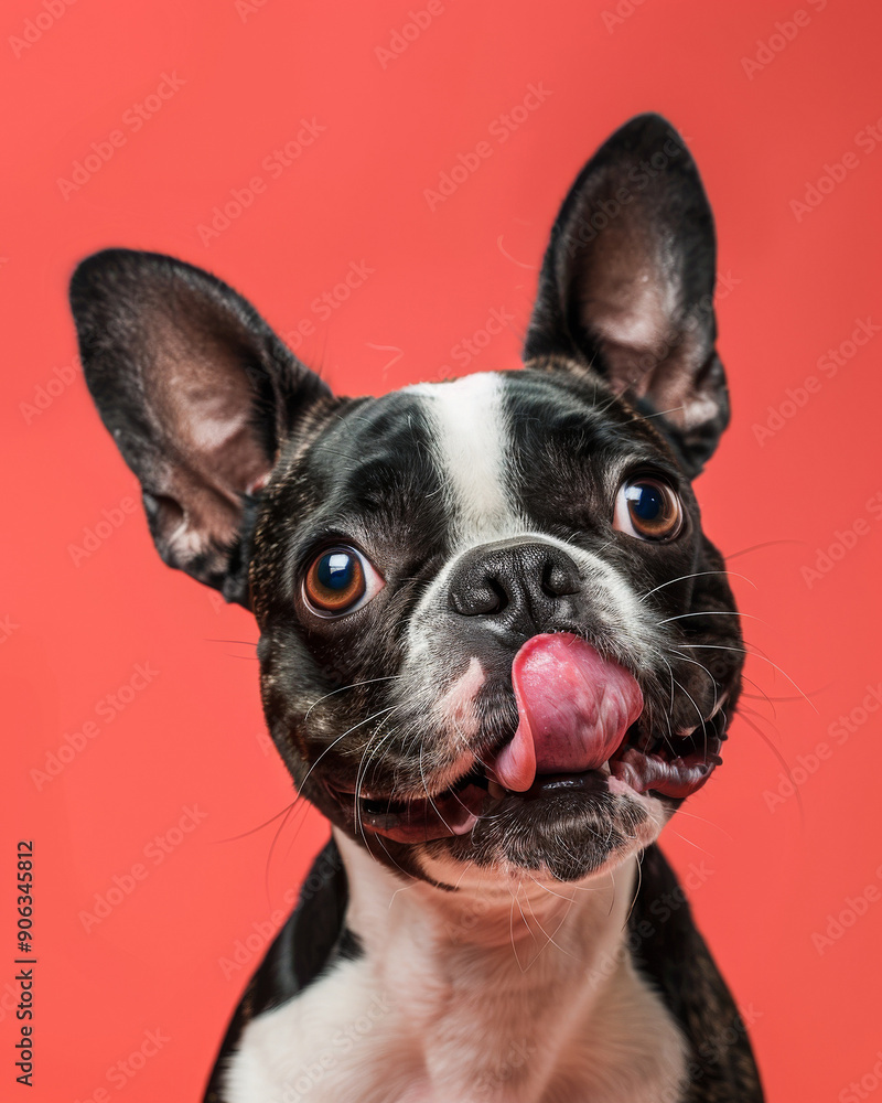 close up of a Boston Terrier is standing with its tongue out close up of a Boston Terrier is standing with its tongue out