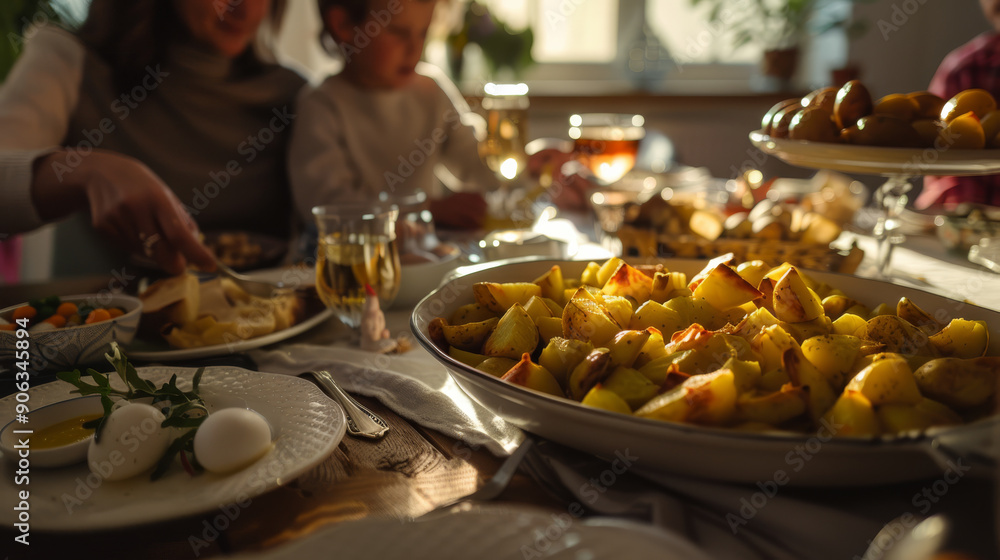 Fototapeta premium Dappled sunlight highlights a festive table filled with roasted potatoes, eggs, greens, and glasses of drinks, as family and friends gather around in the background.