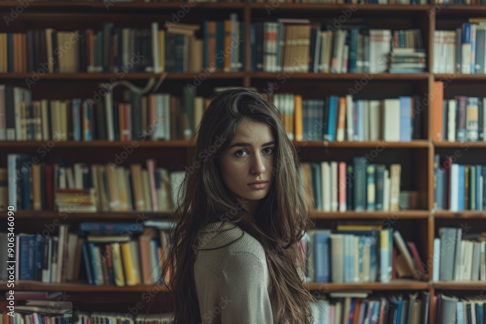 Woman in Front of Bookshelf Woman in Front of Bookshelf