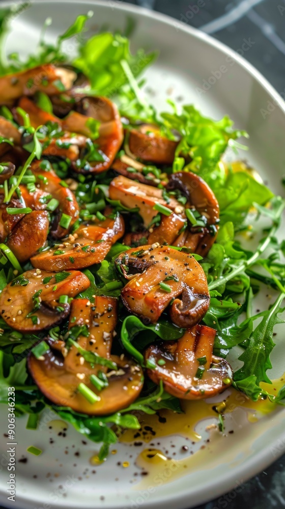 Gourmet Dish Featuring Sauteed Oyster Mushrooms on a Bed of Fresh Arugula and Herbed Garnish, Concept of Fine Dining, Healthy Eating, and Culinary Delights. Vertical Gourmet Dish Featuring Sauteed Oyster Mushrooms on a Bed of Fresh Arugula and Herbed Garnish, Concept of Fine Dining, Healthy Eating, and Culinary Delights. Vertical