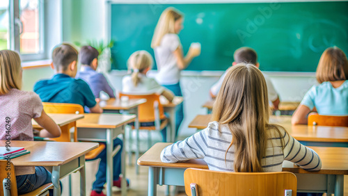  School classroom, students sitting with their backs and listening to the teacher. a school desk with a book on it, ready to open up a world of knowledge to the student on the first day of school.